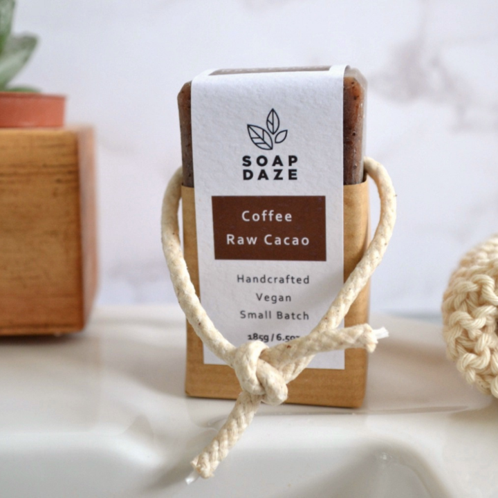 
                  
                    Load image into Gallery viewer, Coffee &amp;amp; Raw Cacao Soap on a Rope - homemadeADVENTURES
                  
                